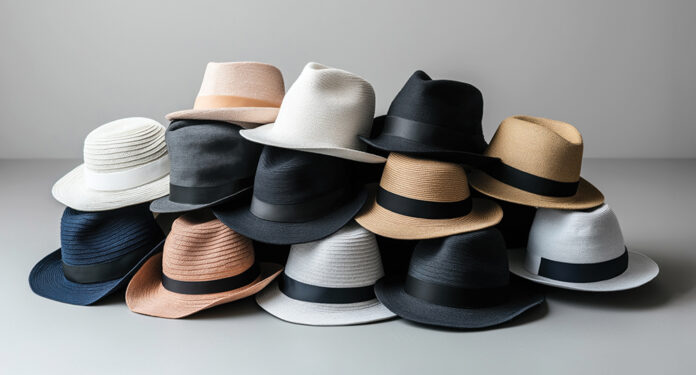 A collection of various colored fedora hats stacked on a plain gray surface, showcasing a diversity of styles and materials.
