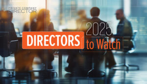 Directors to Watch 2025 logo and hazy graphic of people at a board table