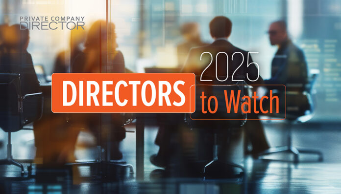 Directors to Watch 2025 logo and hazy graphic of people at a board table