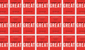 Step and repeat images of the cover of Good To Great, by Jim Collins