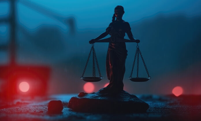 Silhouette of The Statue of Justice on with lights at foggy background image. generative ai