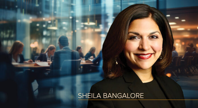 Headshot of Director Sheila Bangalore in the foreground of an image of a board meeting in progress