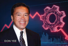 What Boards Must Do When Business Performance “Uncomfortably Settles” headshot of Din Yee - an Asian man with dark hair wearing a dark suit and blue patterned tie - overlaid on a dark blue abstract depiction of a gear and descending graph in neon red