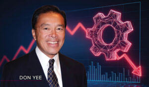 headshot of Din Yee - an Asian man with dark hair wearing a dark suit and blue patterned tie - overlaid on a dark blue abstract depiction of a gear and descending graph in neon red