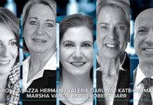 Voices of Experience: CEO Succession Planning series of 5 black and white headshots on a abstract blue/white/black background