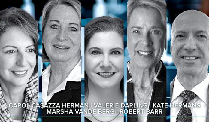 series of 5 black and white headshots on a abstract blue/white/black background