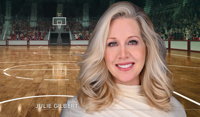 Julie Gilbert's headshot superimposed over an image of an empty basketball court.